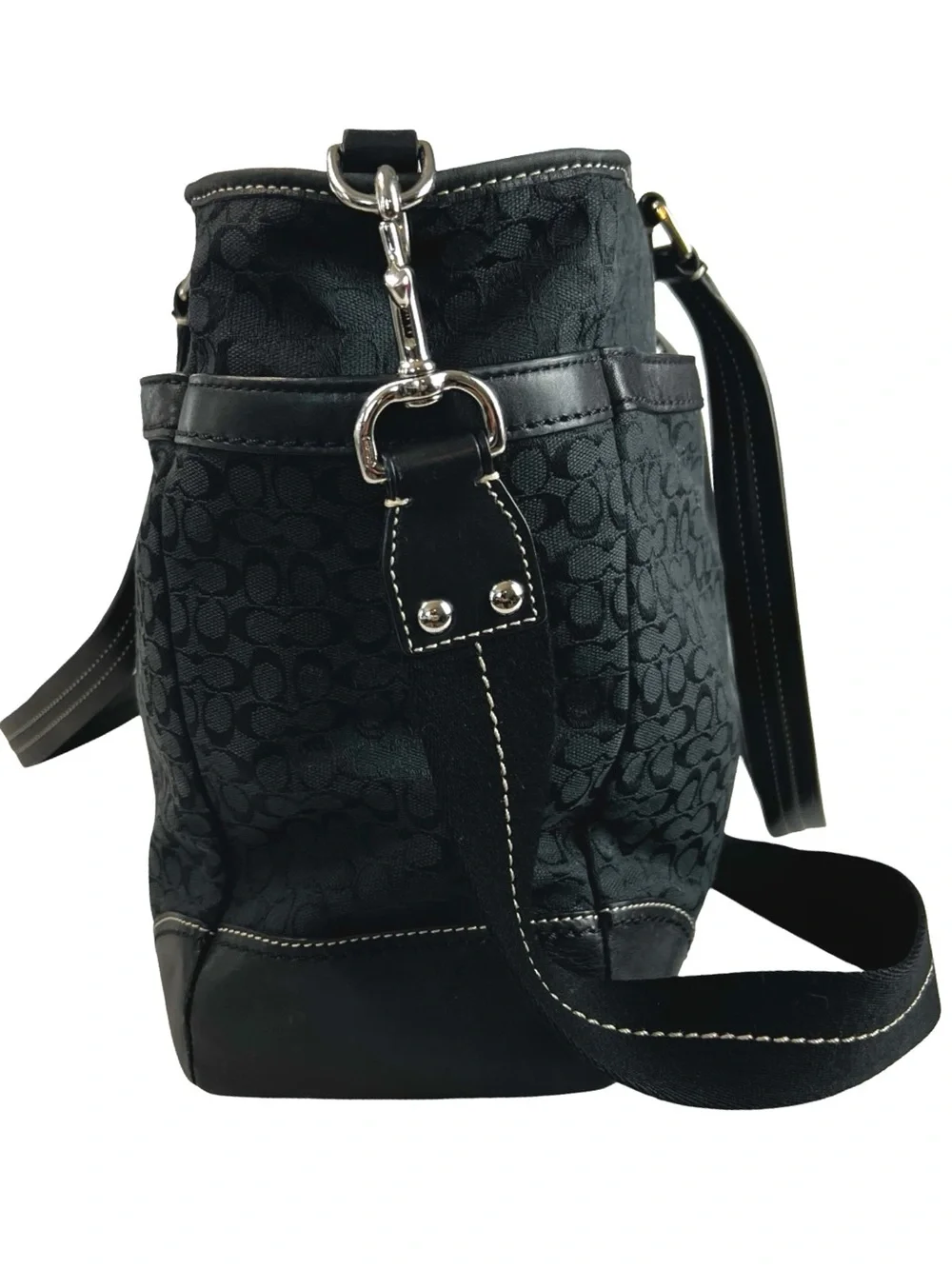 Coach Signature Stripe Multifunction Diaper Tote Bag Black Canvas Blue Interior